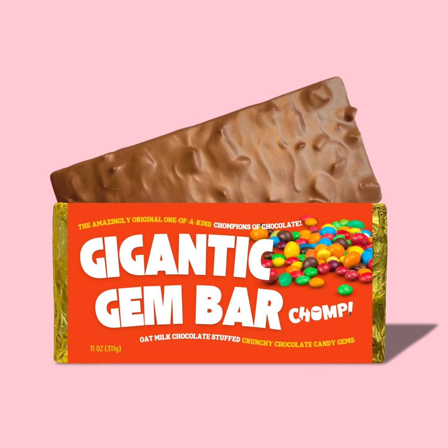 gigantic gem bar, oat milk chocolate with candy gems, vegan m&ms, dairy-free chocolate candy, large chocolate bar
