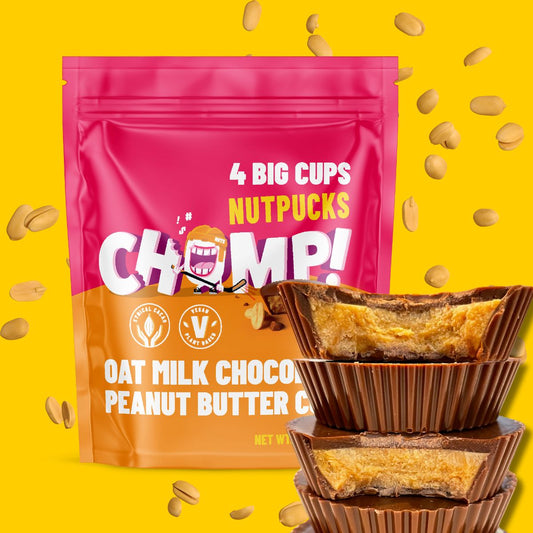 vegan milk chocolate peanut butter cups, chomp nutpucks, vegan peanut butter cups, plant-based chocolate, oat milk chocolate. Chomp chocolate peanut butter cups, soy-free peanut butter cups, dairy free peanut butter cups