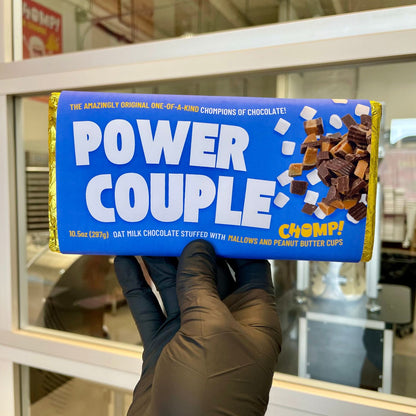 Chomp power couple bar, big chocolate bar with peanut butter cups and marshmallows, vegan chocolate gifts