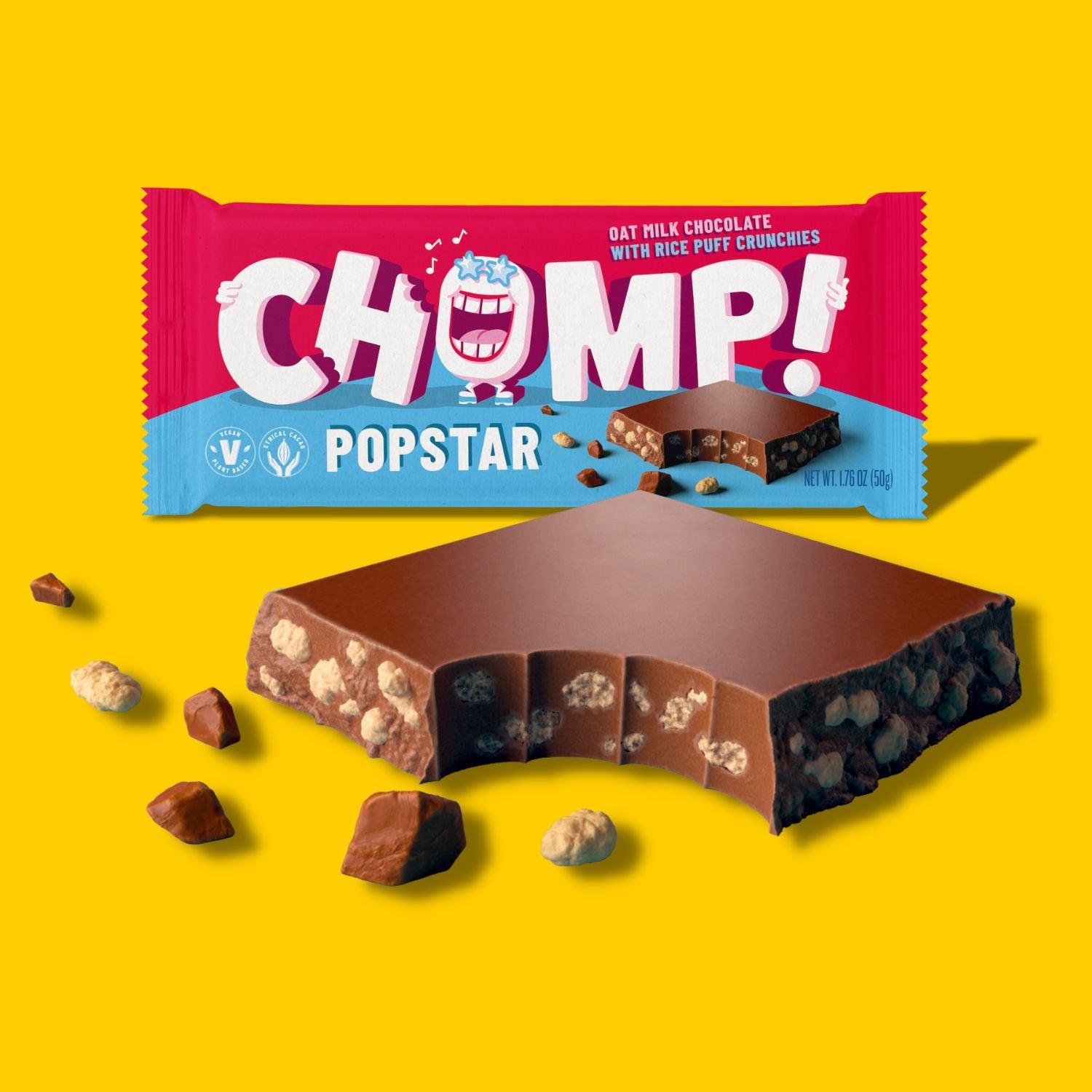 Chomp Popstar bar, vegan crunch bar, oat milk chocolate bar