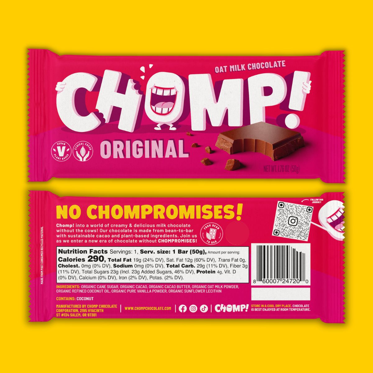 chomp original vegan milk chocolate, oat milk chocolate, vegan chocolate bar