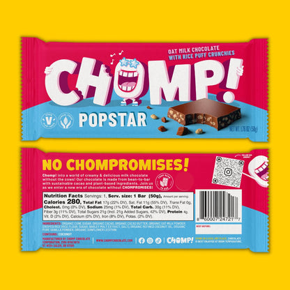 chomp popstar vegan milk chocolate with crispy rice, vegan crunch bar