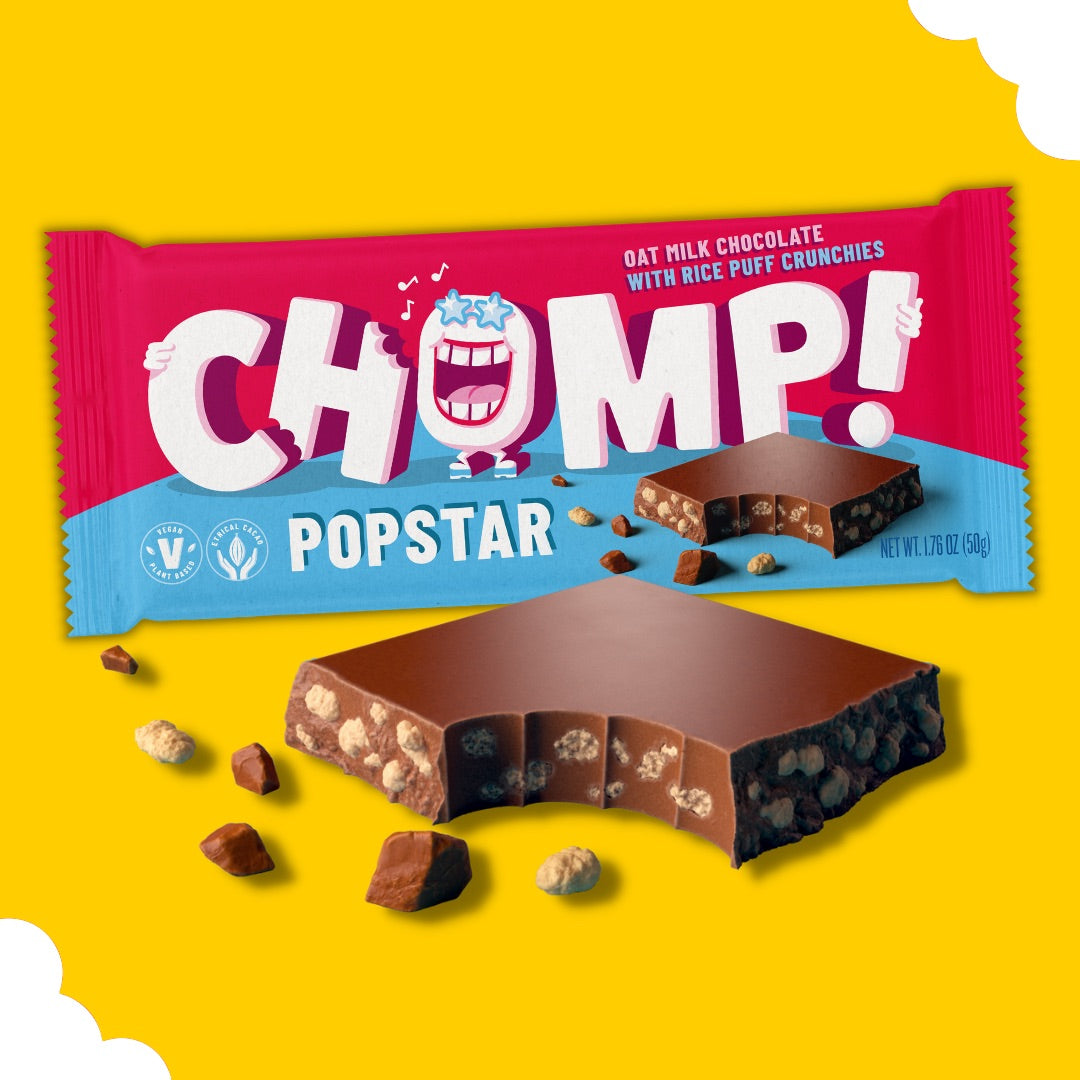 Chomp Popstar bar, vegan crunch bar, oat milk chocolate bar