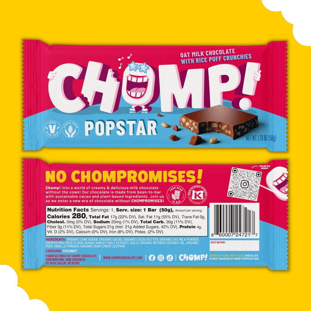 chomp popstar vegan milk chocolate with crispy rice, vegan crunch bar